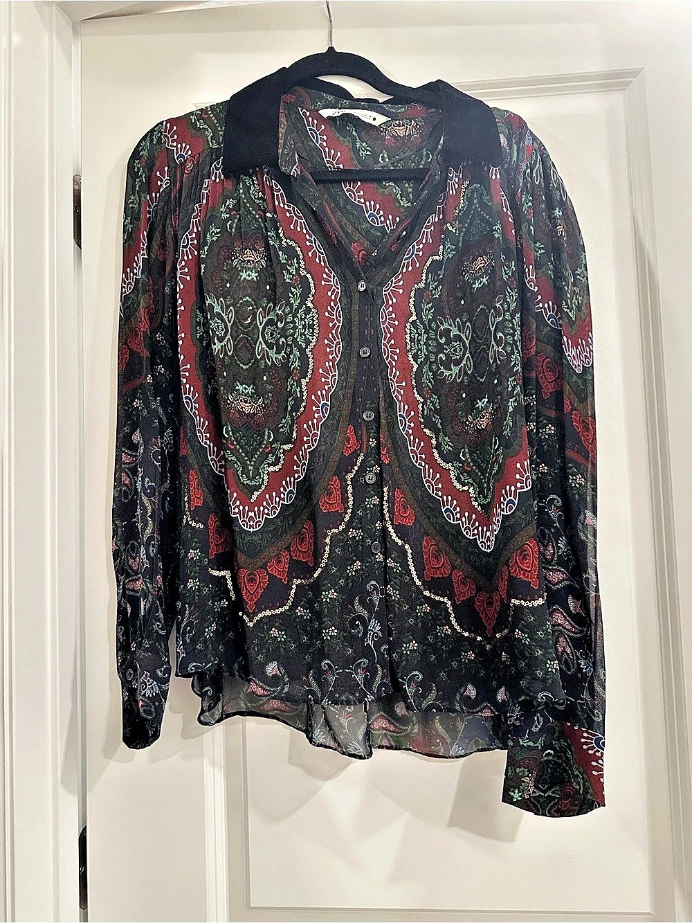 Zara Paisley Sheer Blouse in Black & Red